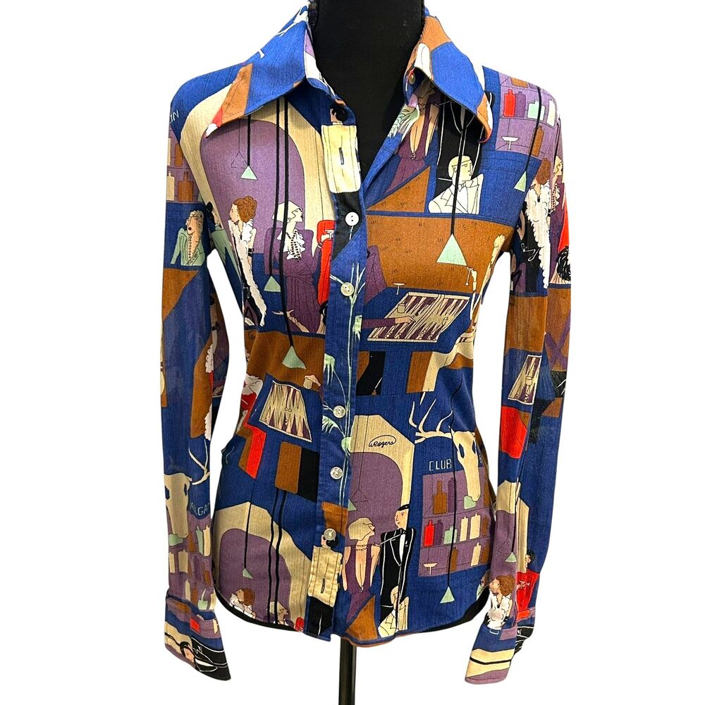 1970s W Rogers Novelty Print Shirt Blouse Vintage 11/12 Size XS/S Backgammon Bar